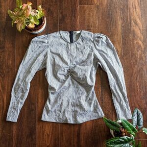 $5 Item! Zara NWOT XS Striped Floral Puffed Sleeve Ruched Front Back Zip Blouse